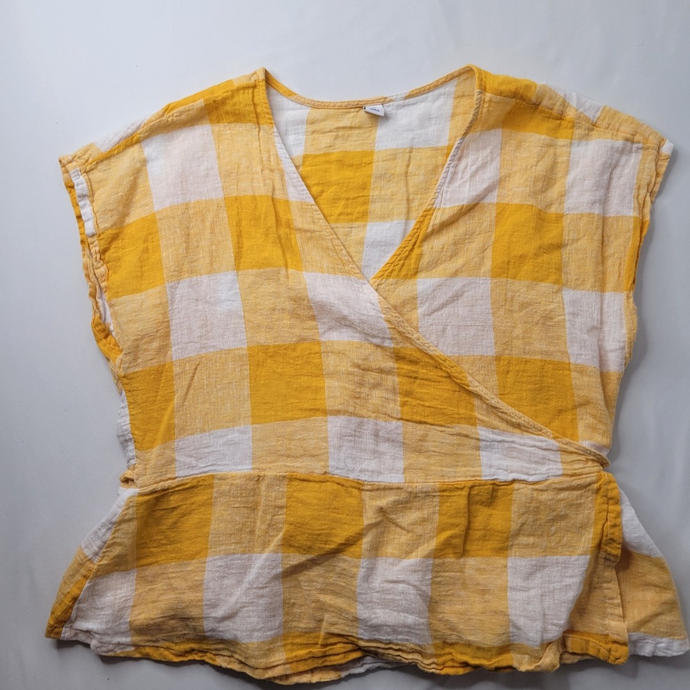 Old Navy Women's XL Yellow Gingham Wrap Top Short Sleeve Blouse Linen Cotton Y2K
